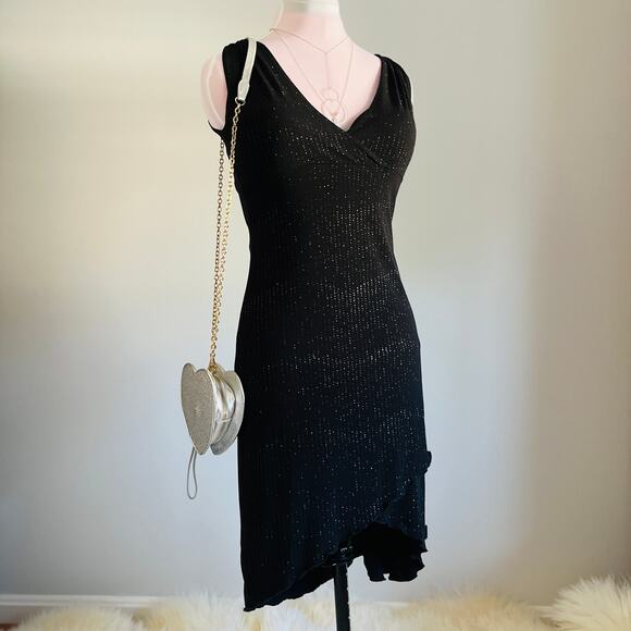 Vintage 90s Taboo | Black Sparkly Rhinestone VNeck High Low Midi Dress | Size M - Picture 1 of 10